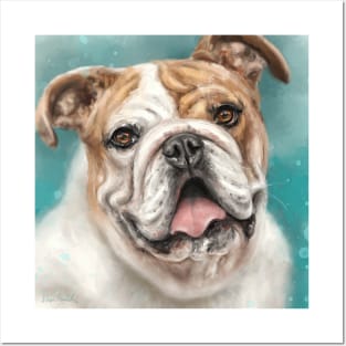 Painting of a White and Brown Bulldog With Its Tongue Out on Blue Background Posters and Art